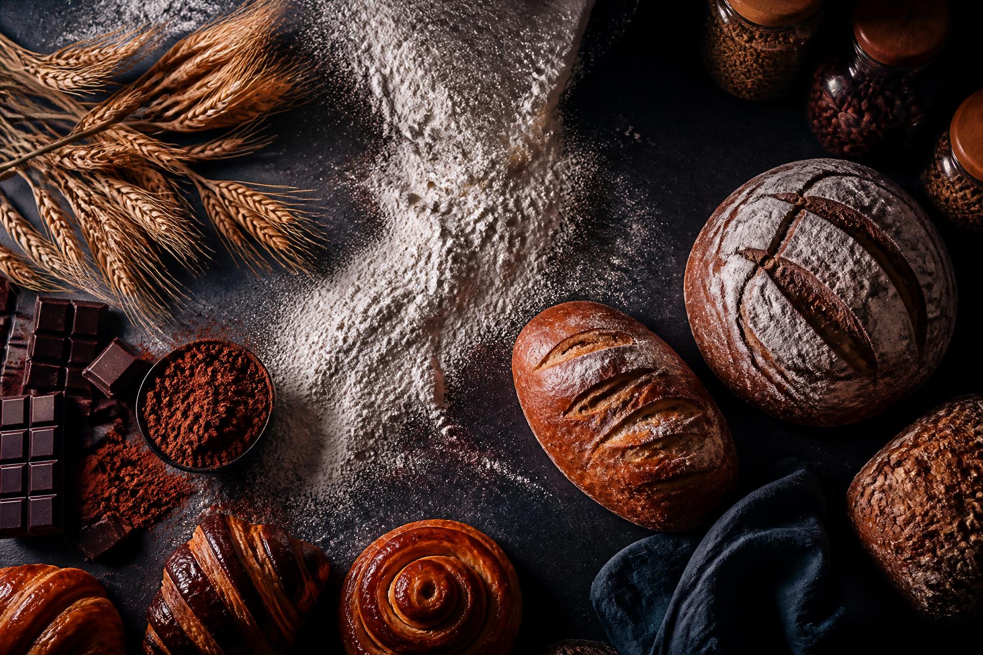 Premium bakery ingredients including flour, wheat, chocolate and fresh bread